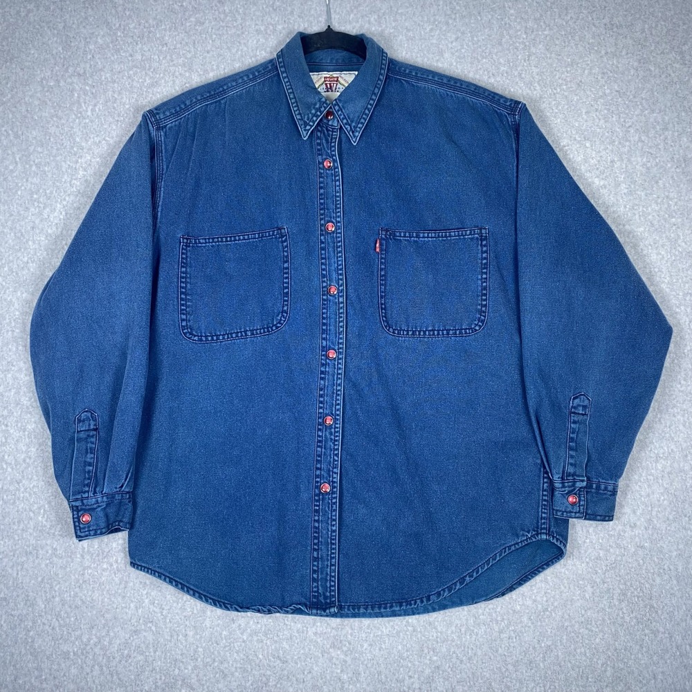 Vintage Levi's Denim Shirt Womens Medium Blue Long Sleeve Red Button Cotton